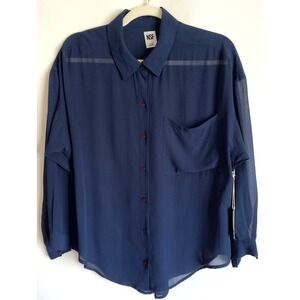 NSF‎ Clothing 100% Silk Button Down Navy Blue Point Collar Shirt-Women's M-NWT